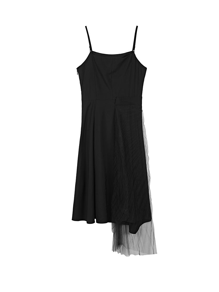 Casual Mesh Stitching Black Suspender Dress