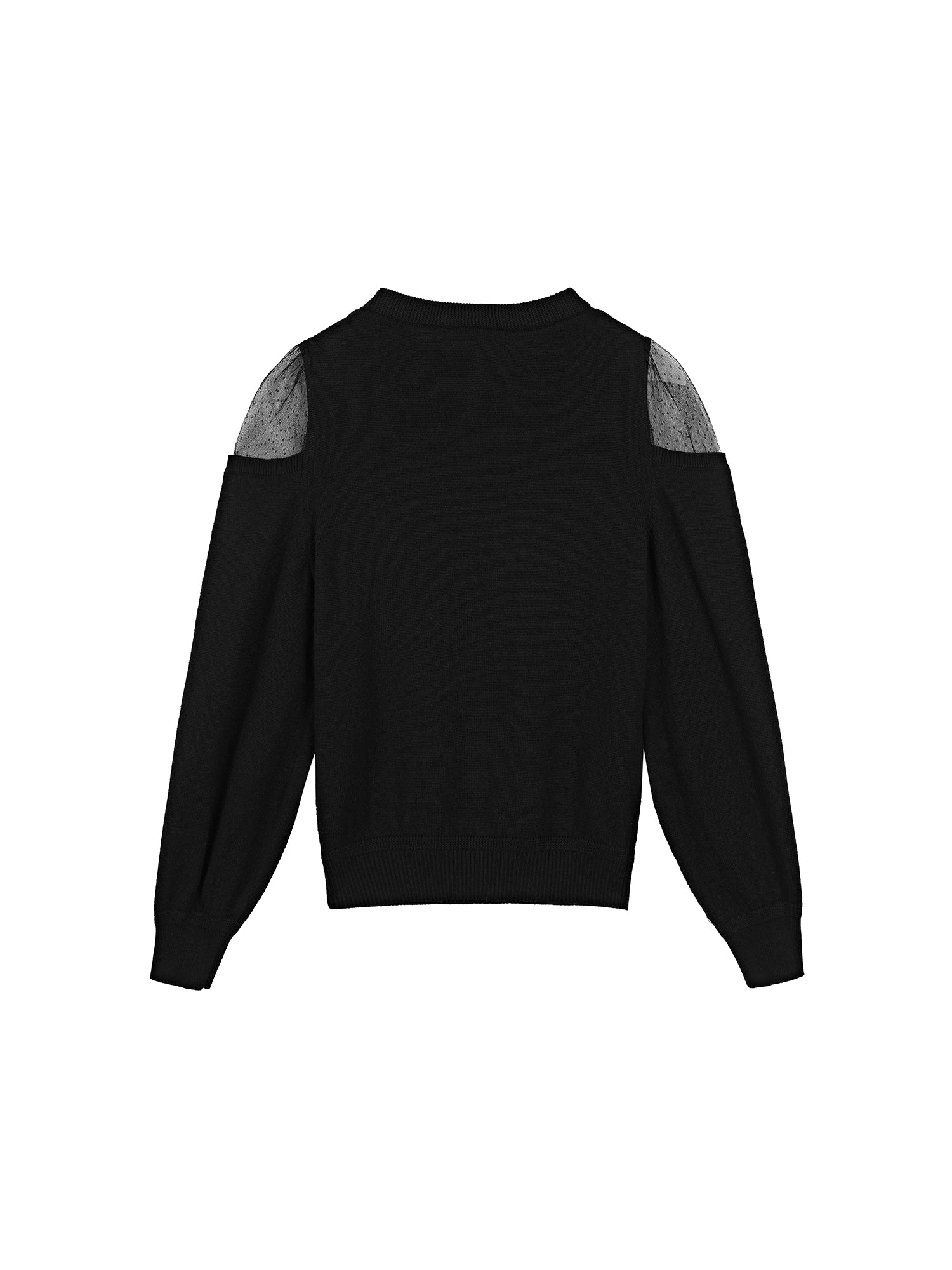 Ribbed Crewneck Organza-Paneled Long-Sleeved Sweater