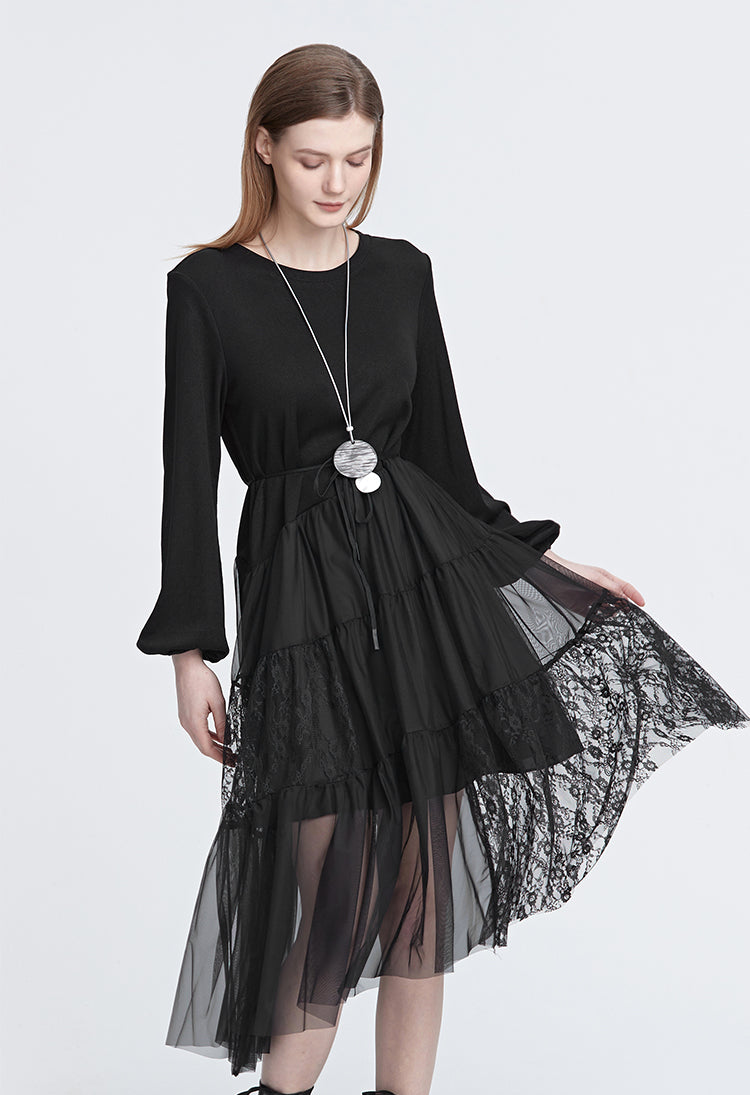 S.DEER  Fashion Crew Neck Waist Mesh Lace Long Sleeve Dress - S·DEER