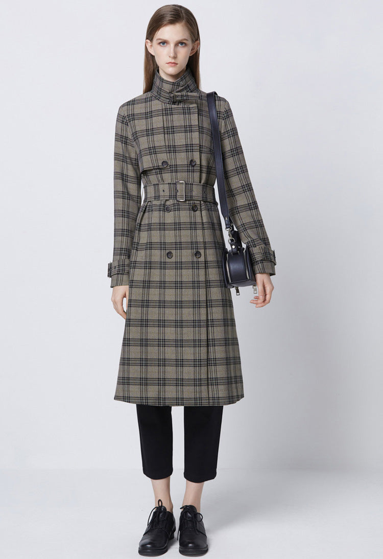 SDEER British Stand-up Collar Double-Breasted Waist Plaid Long Trench Coat - S·DEER