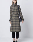 SDEER British Stand-up Collar Double-Breasted Waist Plaid Long Trench Coat - S·DEER