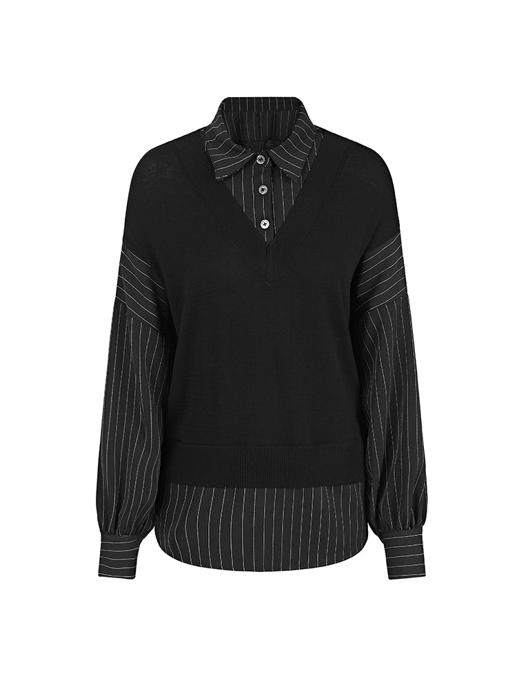 S·DEER Loose Lapel Striped Fake Two Piece Panel Long Sleeve Shirt - S·DEER