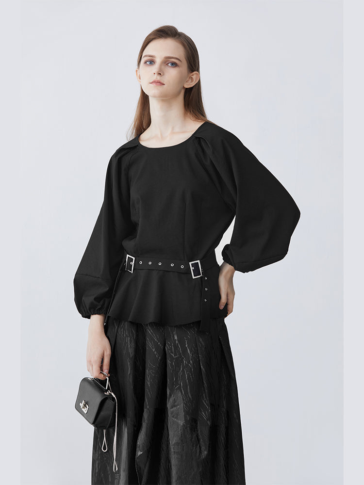 S·DEER Casual Crewneck Neck Waist Gathered Puff Sleeve Shirt - S·DEER