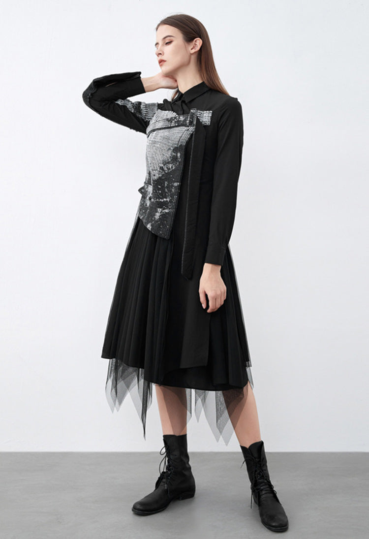 SDEER Ink Knit Stitching Mesh Shirt Dress - S·DEER