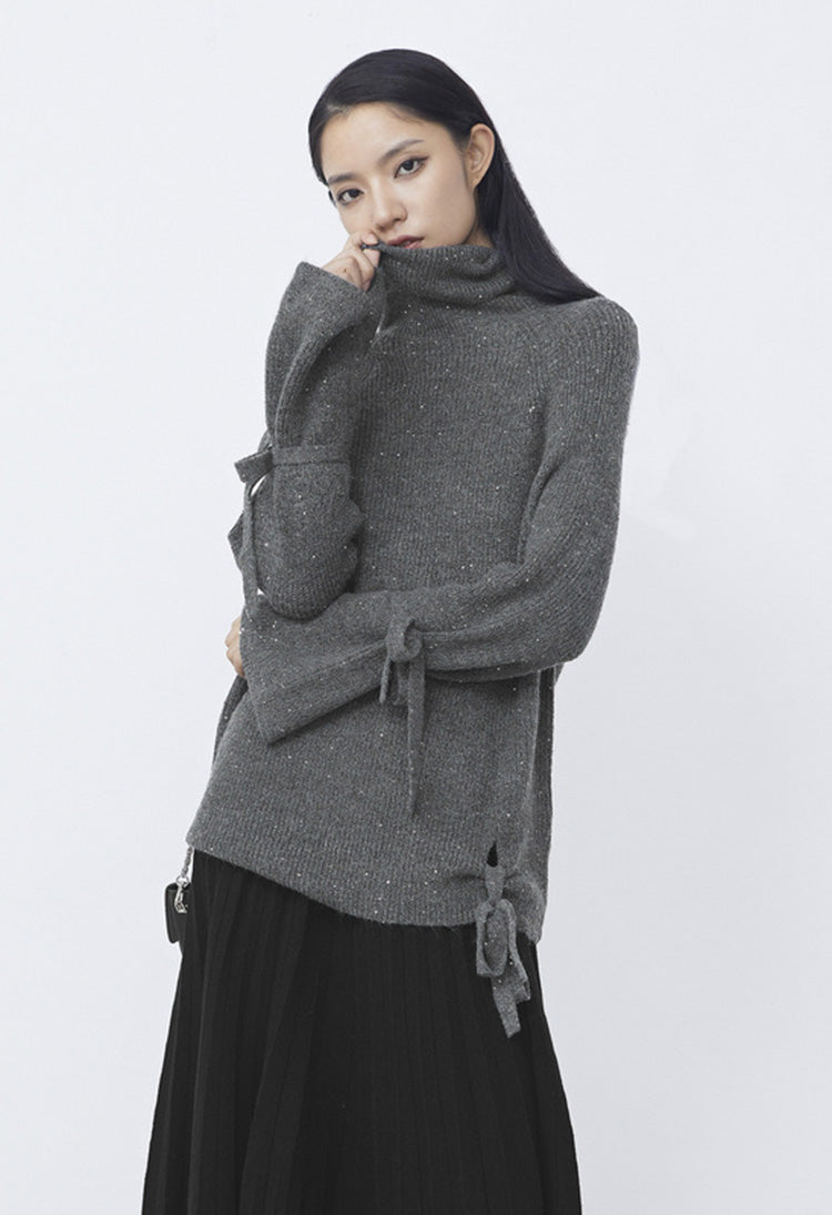 SDEER Ribbed Turtleneck Sequin Lace irregular Sweater - S·DEER