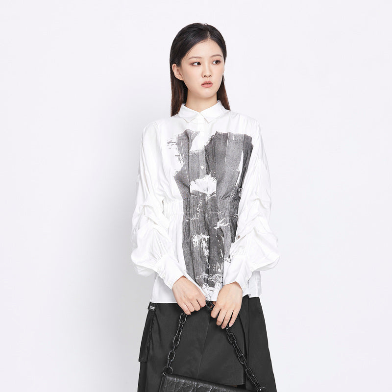 SDEER Lapel contrast print pleated waist long-sleeved shirt - S·DEER