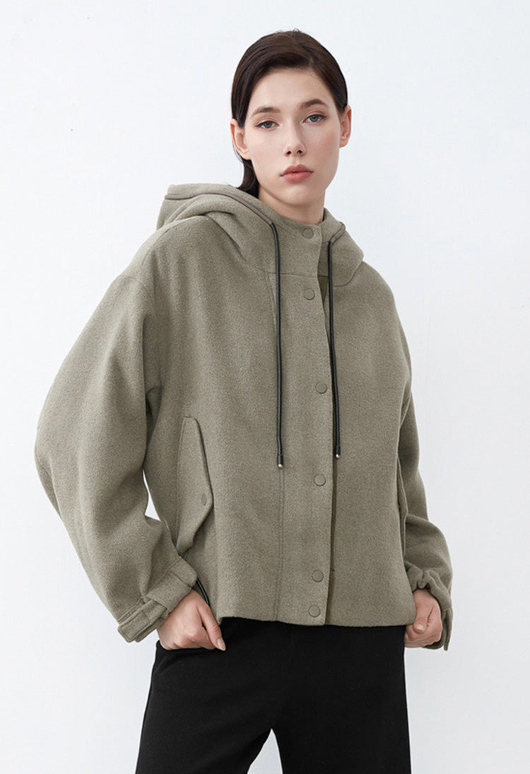 SDEER Loose Cropped Coat With High Neck Hood And Drawstring - S·DEER