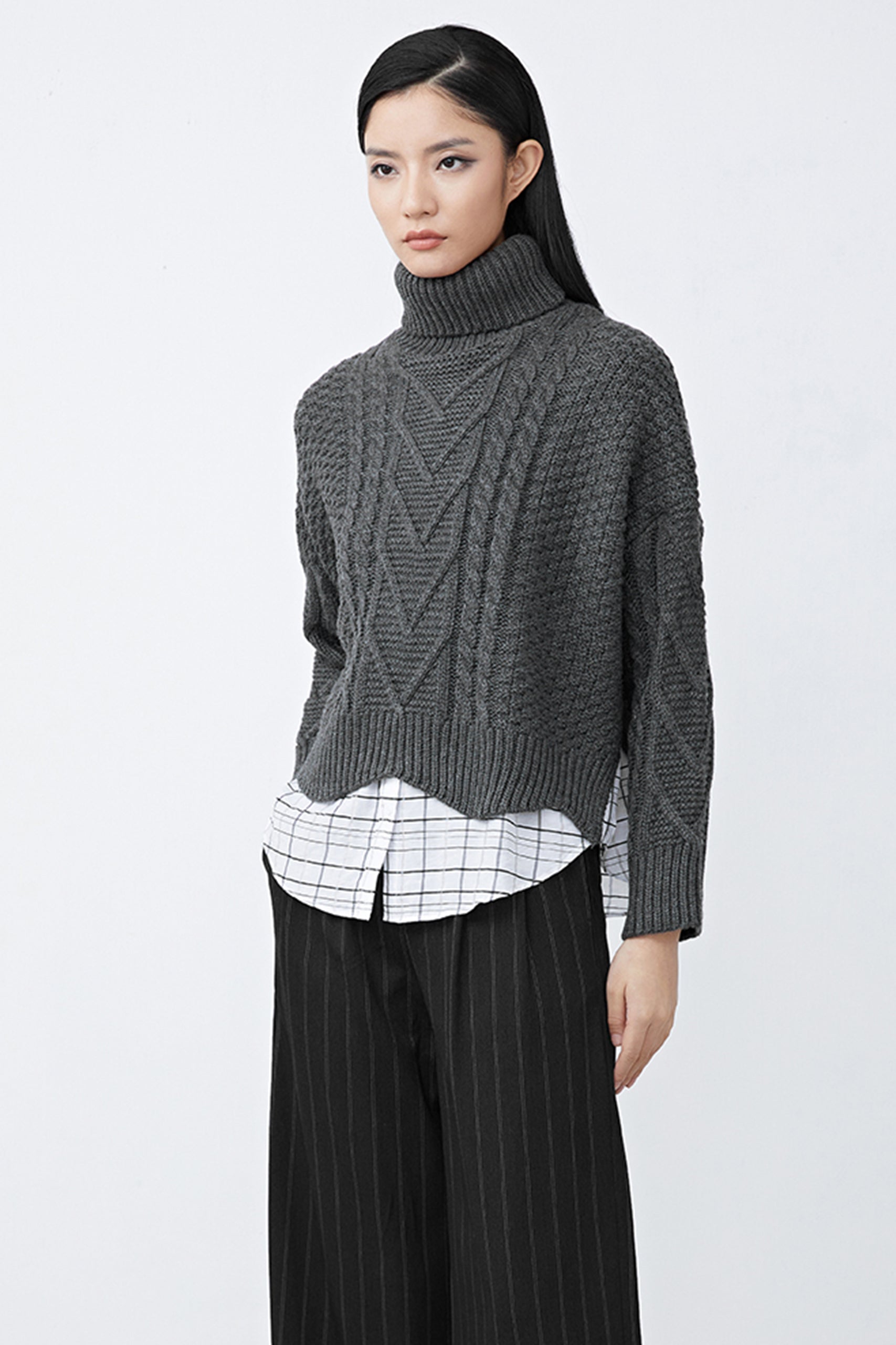 S·DEER Women&#39;s Turtleneck Crochet Check Stitching Irregular Knitted Sweater - S·DEER