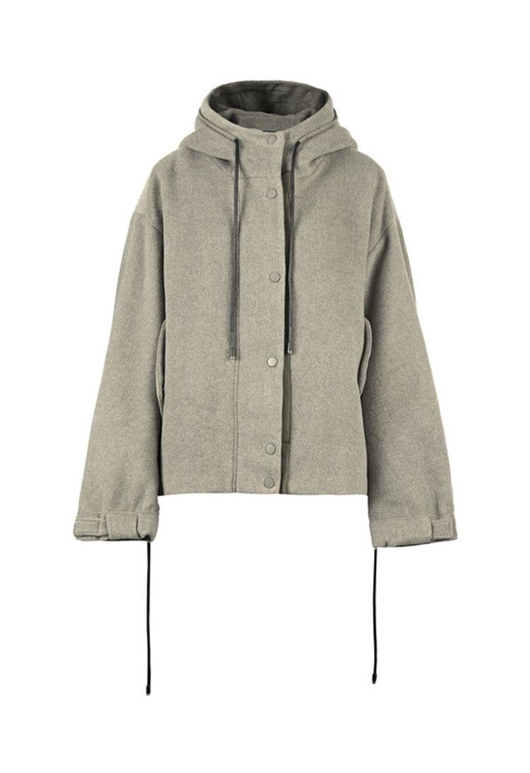 SDEER Loose Cropped Coat With High Neck Hood And Drawstring - S·DEER