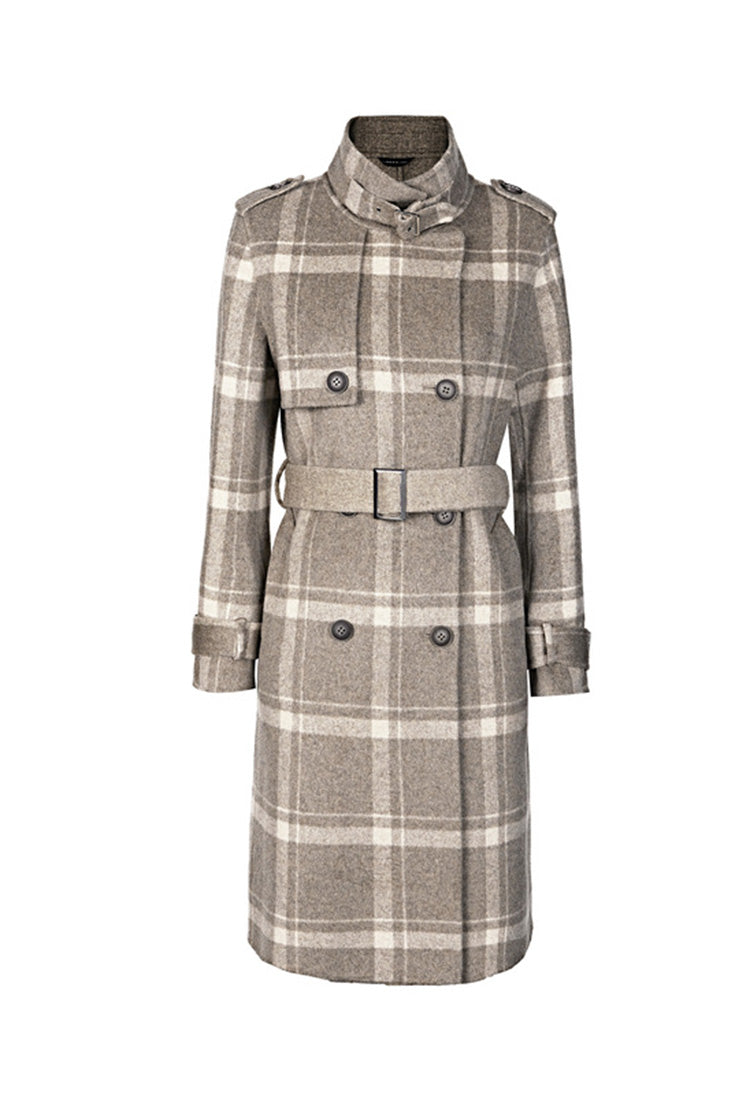 SDEER Stand-up Collar Check Double-breasted Waist Long Woolen Coat - S·DEER