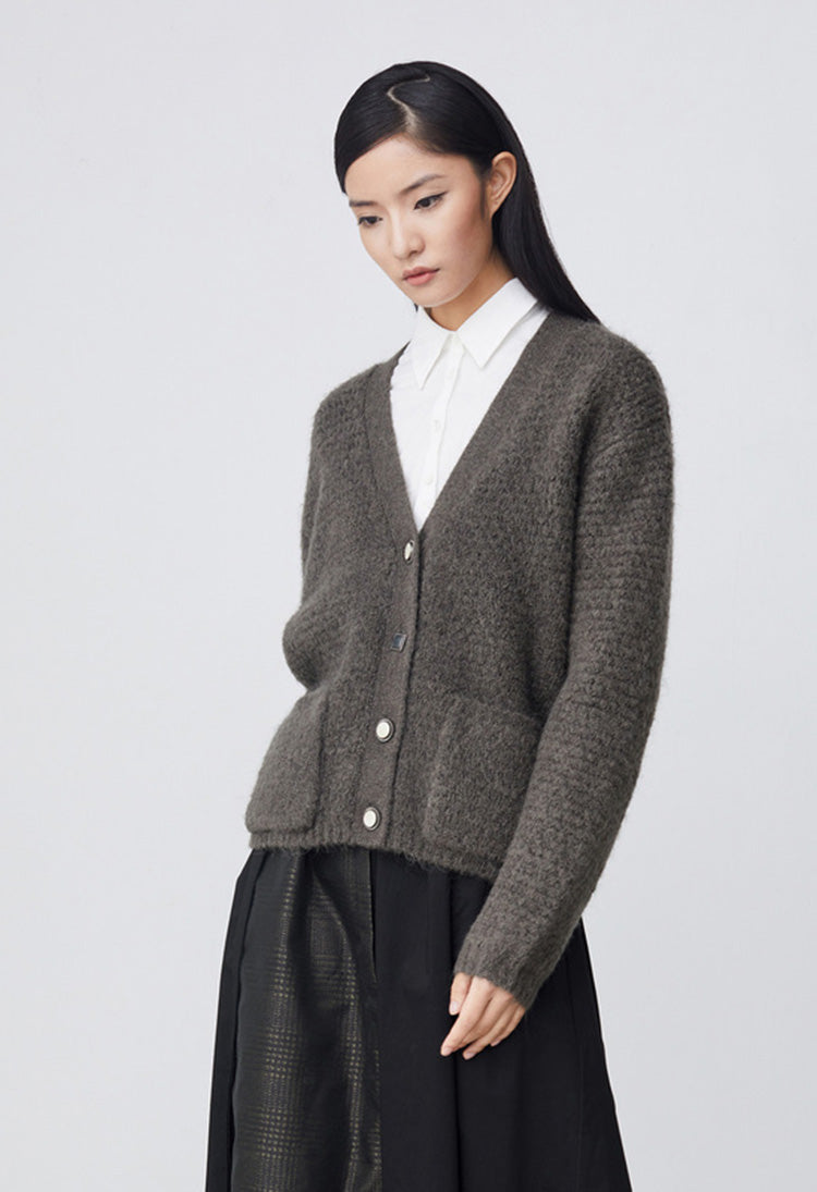 SDEER Vintage Ribbed V-neck Pocket Loose Knit Cardigan - S·DEER