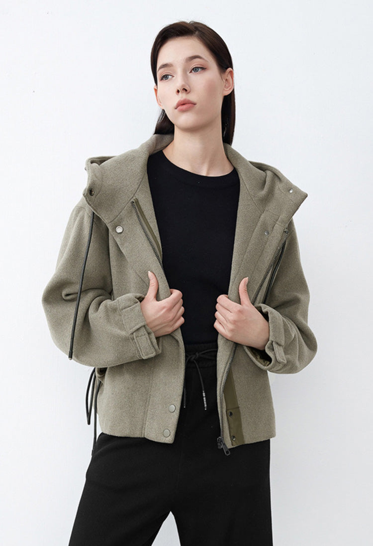 SDEER Loose Cropped Coat With High Neck Hood And Drawstring - S·DEER