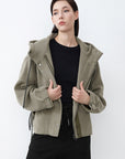 SDEER Loose Cropped Coat With High Neck Hood And Drawstring - S·DEER
