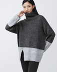 SDEER High Collar Contrast Color Slit Irregular Loose Sweater - S·DEER