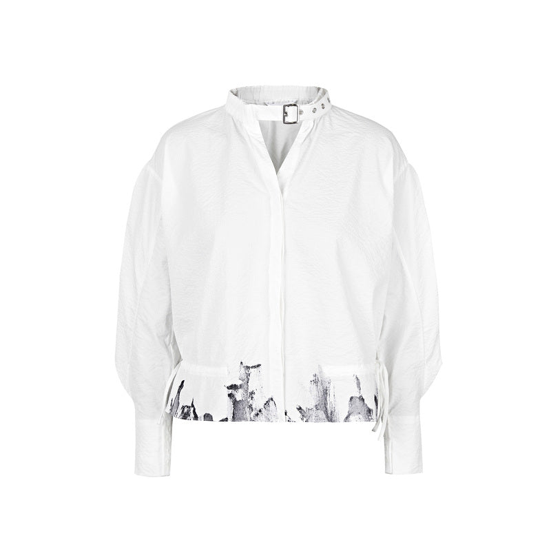 SDEER Casual V-neck Drawstring Ink Printed White Shirt - S·DEER