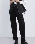 SDEER Fashion Pleated High-waisted Letter Print Straight Black Trousers - S·DEER