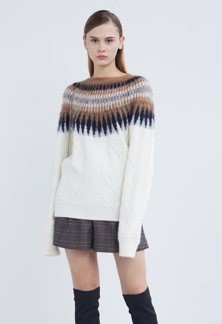 SDEER Retro Round Neck Contrast Color Crochet Loose Long-sleeved Sweater - S·DEER