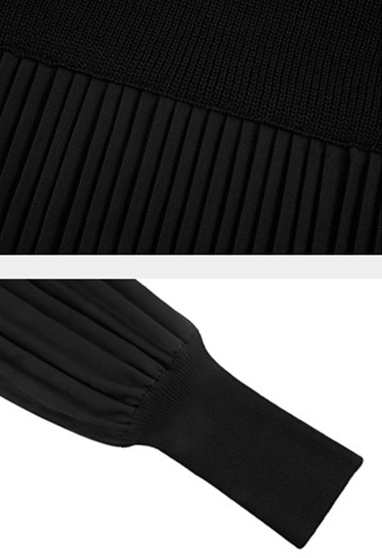 Hooded Pleated Knit Panel Puff Sleeve Dress - S·DEER