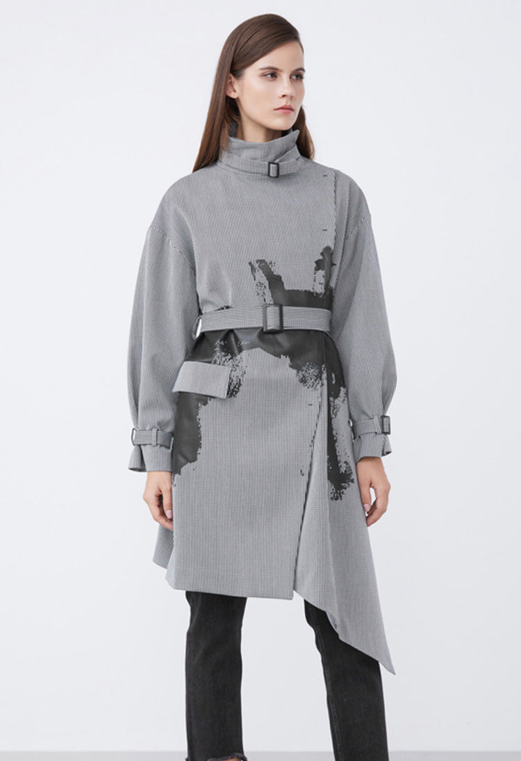 S.DEERIrregular long trench coat with stand collar striped offset printing waist S21381704 - S·DEER