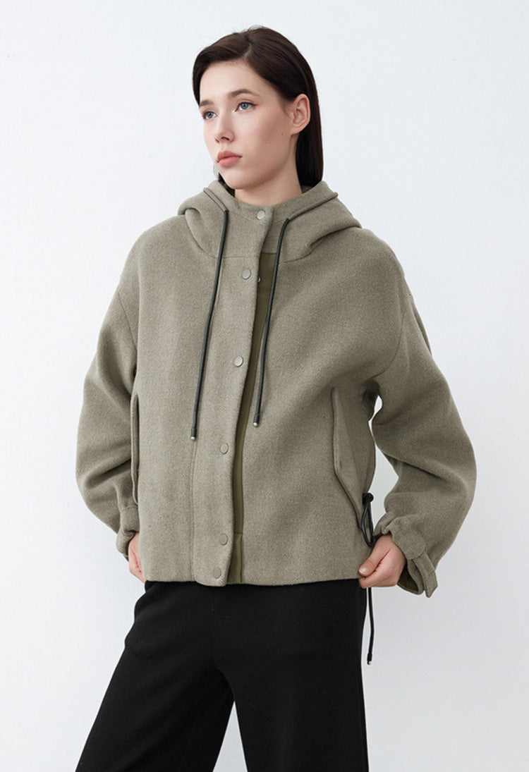 SDEER Loose Cropped Coat With High Neck Hood And Drawstring - S·DEER