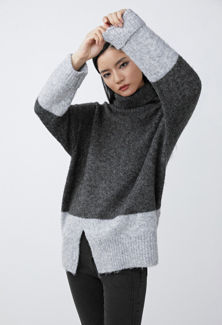 SDEER High Collar Contrast Color Slit Irregular Loose Sweater - S·DEER