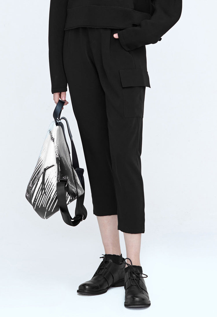 SDEER Dark Pleated Black Harem Pants Cropped Trousers - S·DEER