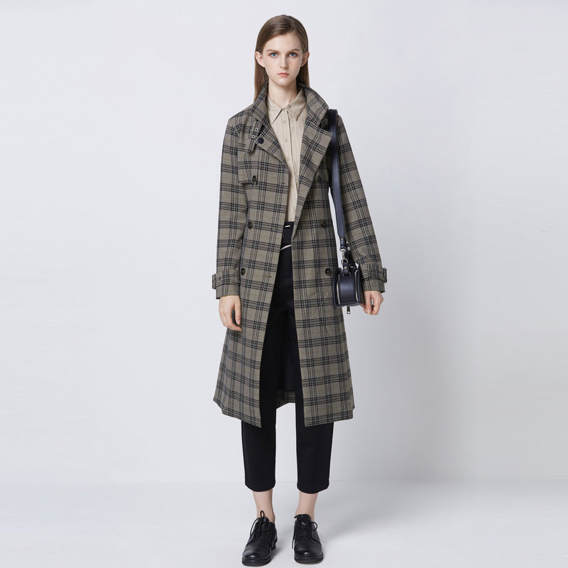 SDEER British Stand-up Collar Double-Breasted Waist Plaid Long Trench Coat - S·DEER