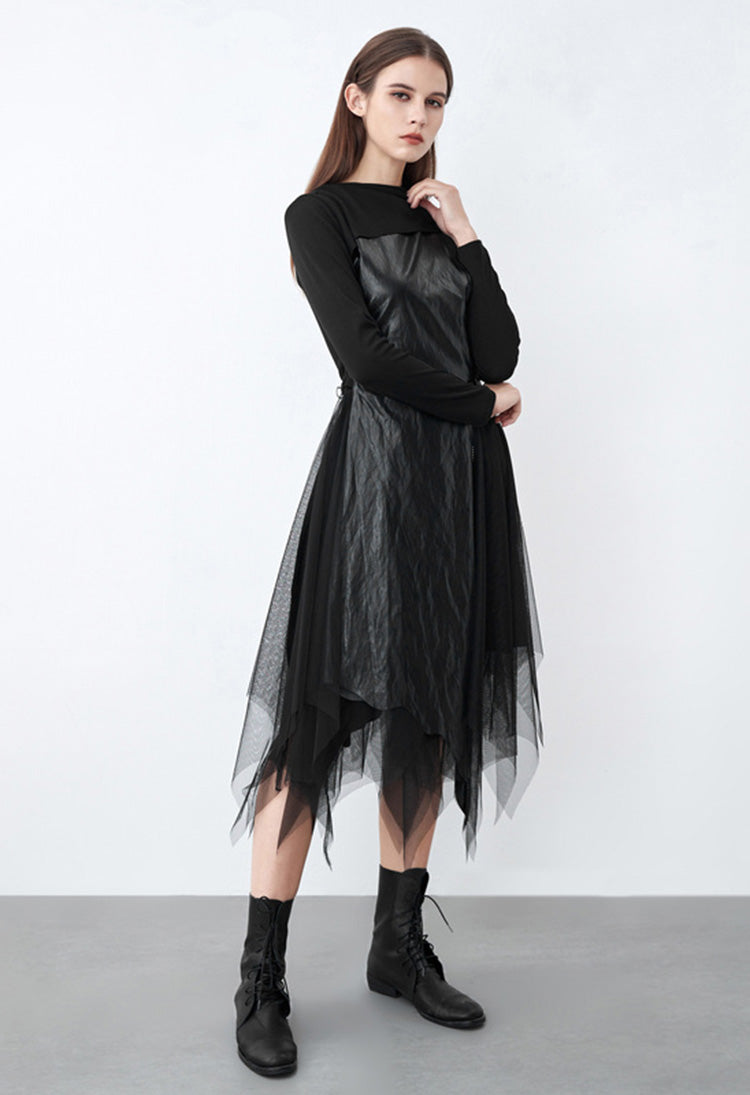 SDEER Round Neck Stitching Mesh Irregular Long-sleeved Dress - S·DEER