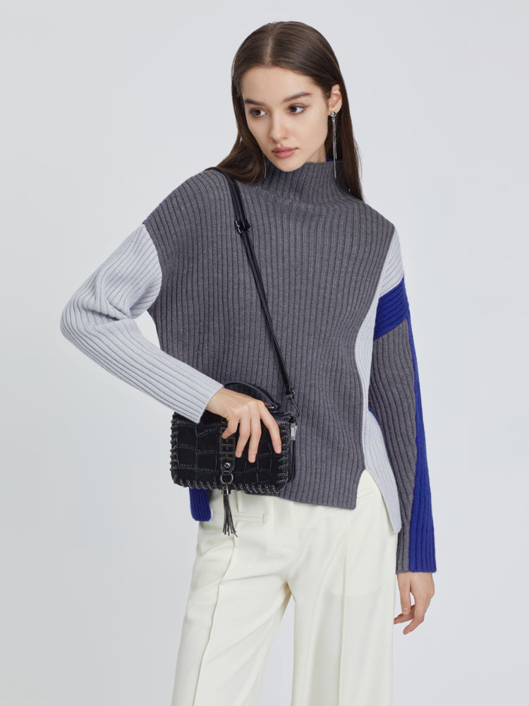 Turtleneck Crocheted Loose Color Stitching Sweater - S·DEER