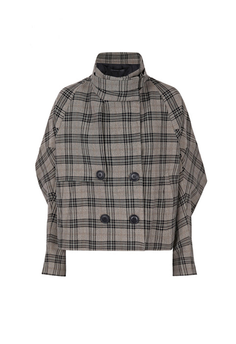 S.DEERBritish style stand collar contrast color plaid trumpet sleeve jacket S21382206 - S·DEER