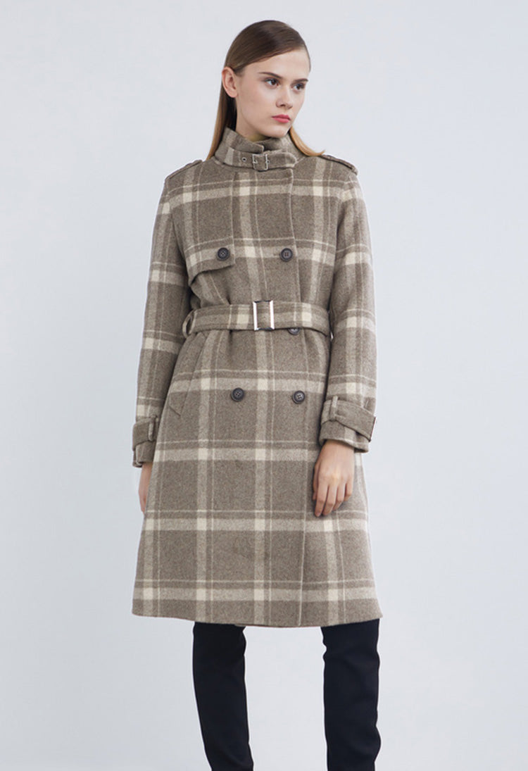 SDEER Stand-up Collar Check Double-breasted Waist Long Woolen Coat - S·DEER