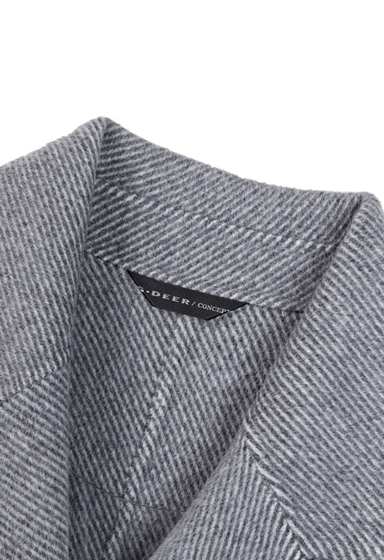 SDEER Notting Collar Dark Striped Waist Woolen Coat - S·DEER
