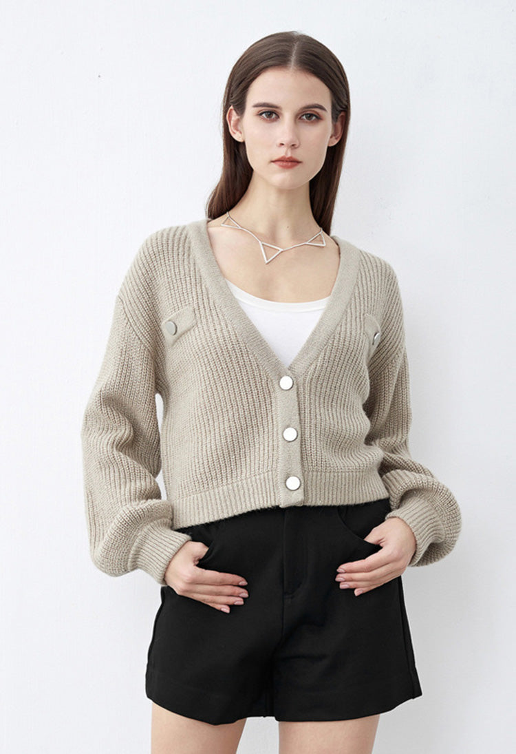 SDEER V-neck Fake Pocket Short Cardigan Sweater - S·DEER