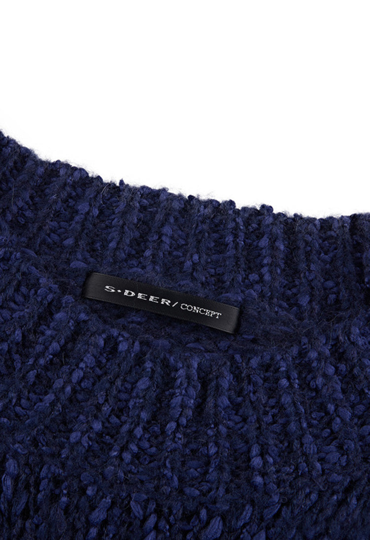 SDEER Round Neck Tassels Distressed Long-sleeved Blue Sweater - S·DEER