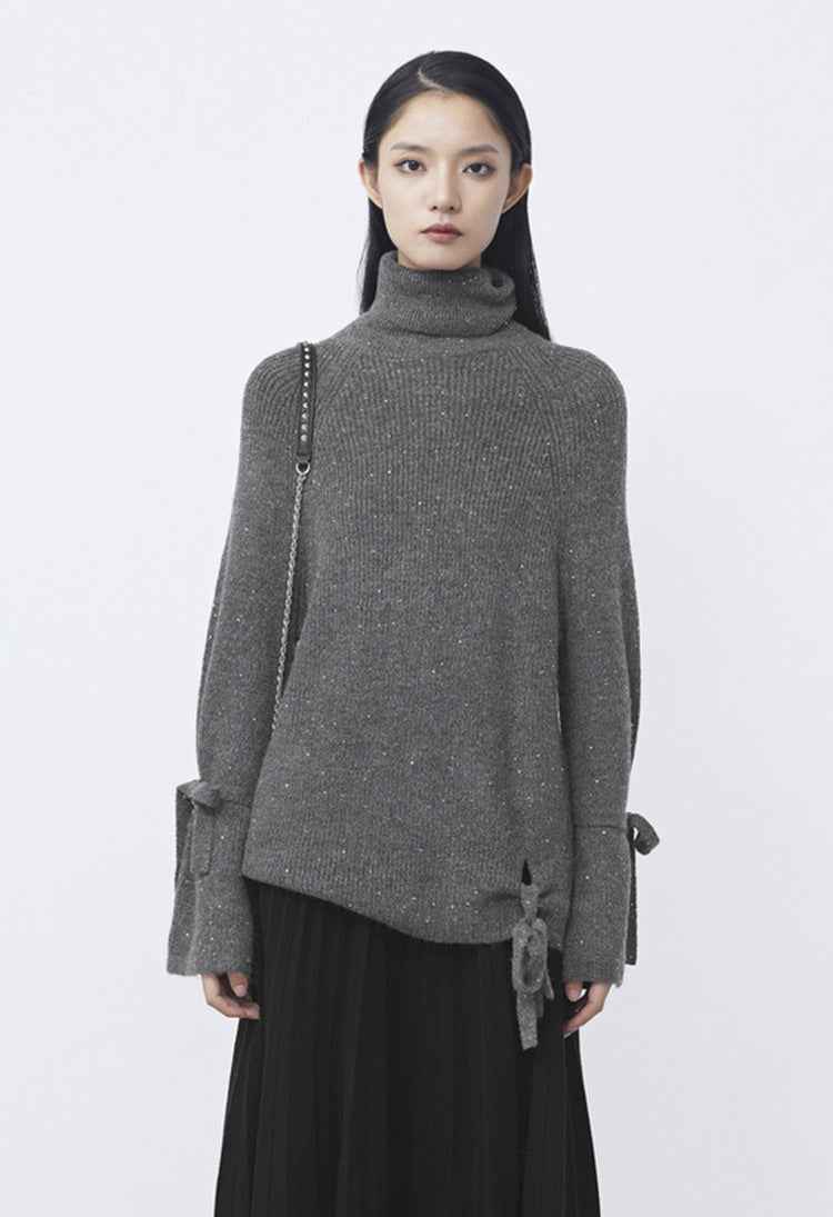 SDEER Ribbed Turtleneck Sequin Lace irregular Sweater - S·DEER