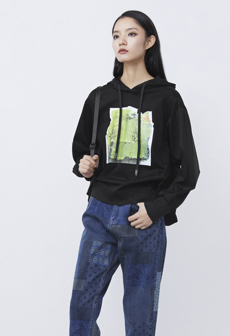 SDEER Drawstring Hood Contrast Color Offset Printing Irregular Sweater Jacket - S·DEER