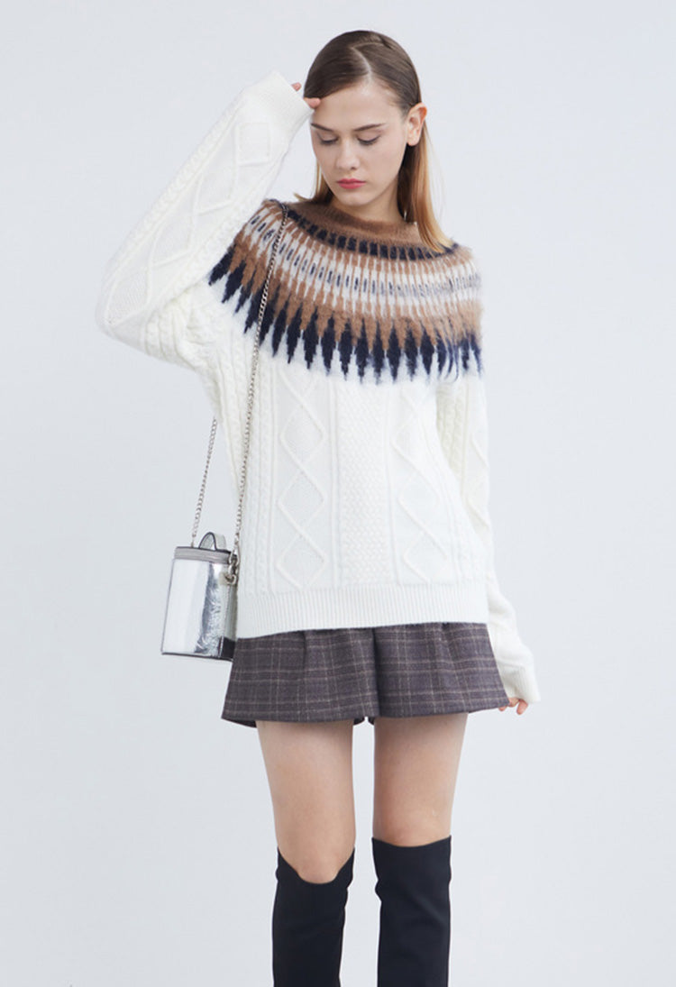 SDEER Retro Round Neck Contrast Color Crochet Loose Long-sleeved Sweater - S·DEER
