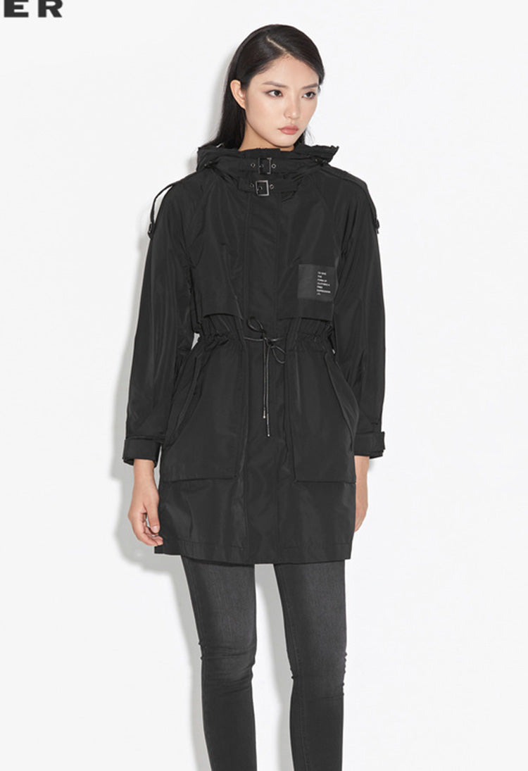 S.DEERHigh-neck hooded letter offset printing waist long trench coat S21381702 - S·DEER
