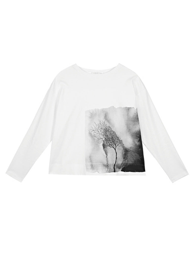 S.DEERLoose round neck ink smudge white long-sleeved T-shirt S21380206 - S·DEER