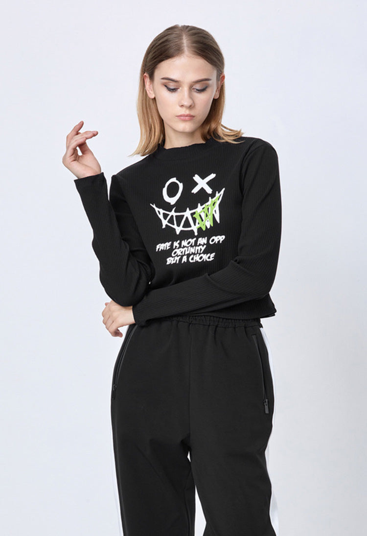 SDEER Ribbed Round Neck Letter Offset Printing Irregular Long-sleeved T-shirt - S·DEER