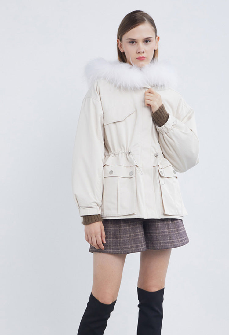 SDEER Mid-length Parker Cotton Jacket With Fur Collar And Hood - S·DEER