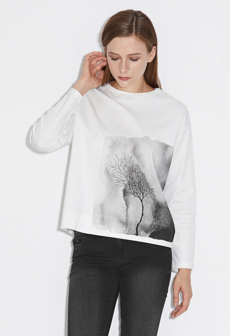 S.DEERLoose round neck ink smudge white long-sleeved T-shirt S21380206 - S·DEER