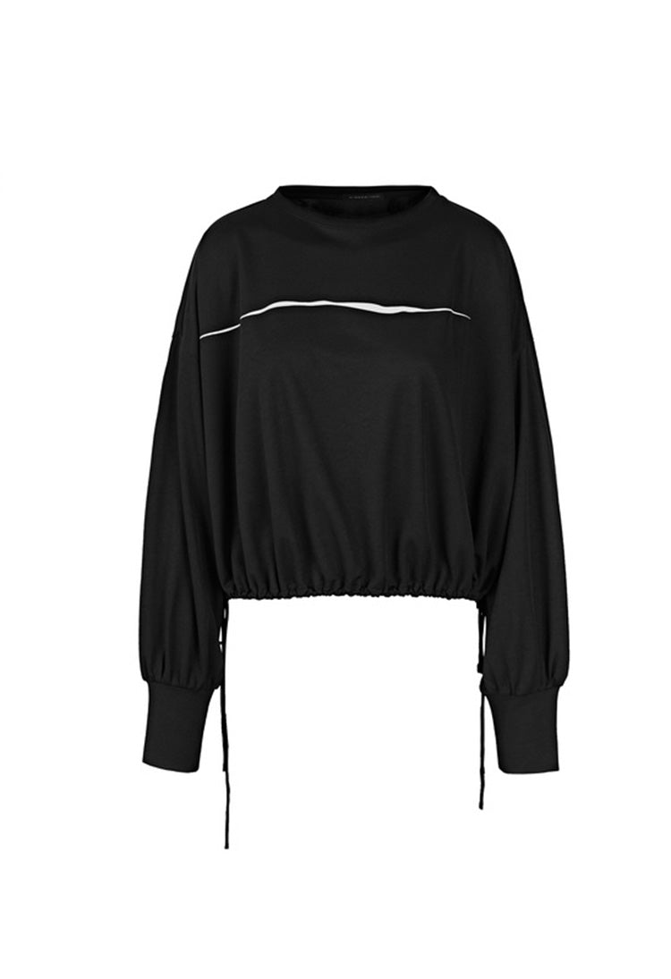 SDEER Casual Loose Round Neck Contrast Print Drawstring Long-sleeved T-shirt - S·DEER