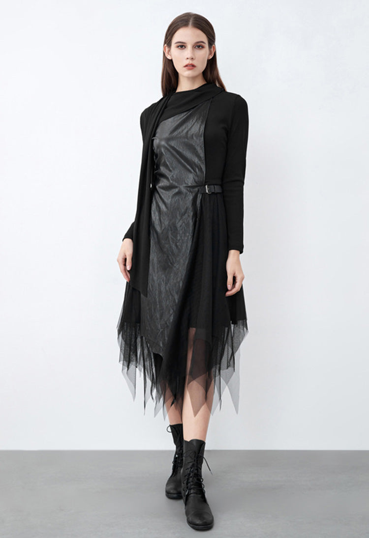 SDEER Round Neck Stitching Mesh Irregular Long-sleeved Dress - S·DEER