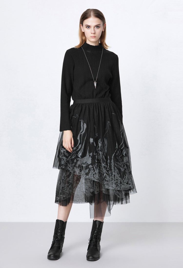 SDEER Half-high Neck Mesh Print Stitching Long-sleeved Knitted Dress - S·DEER