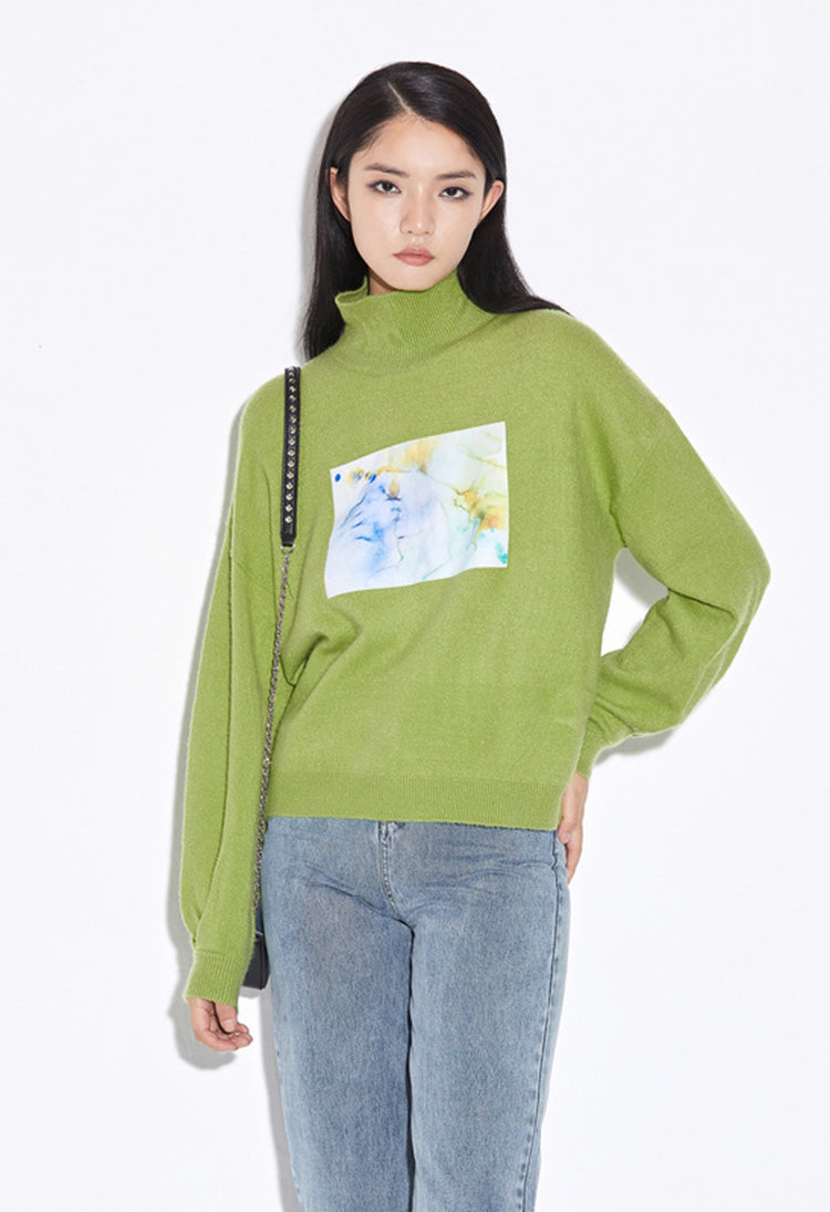SDEER Ribbed Turtleneck Contrast Printed Loose Knit Sweater - S·DEER