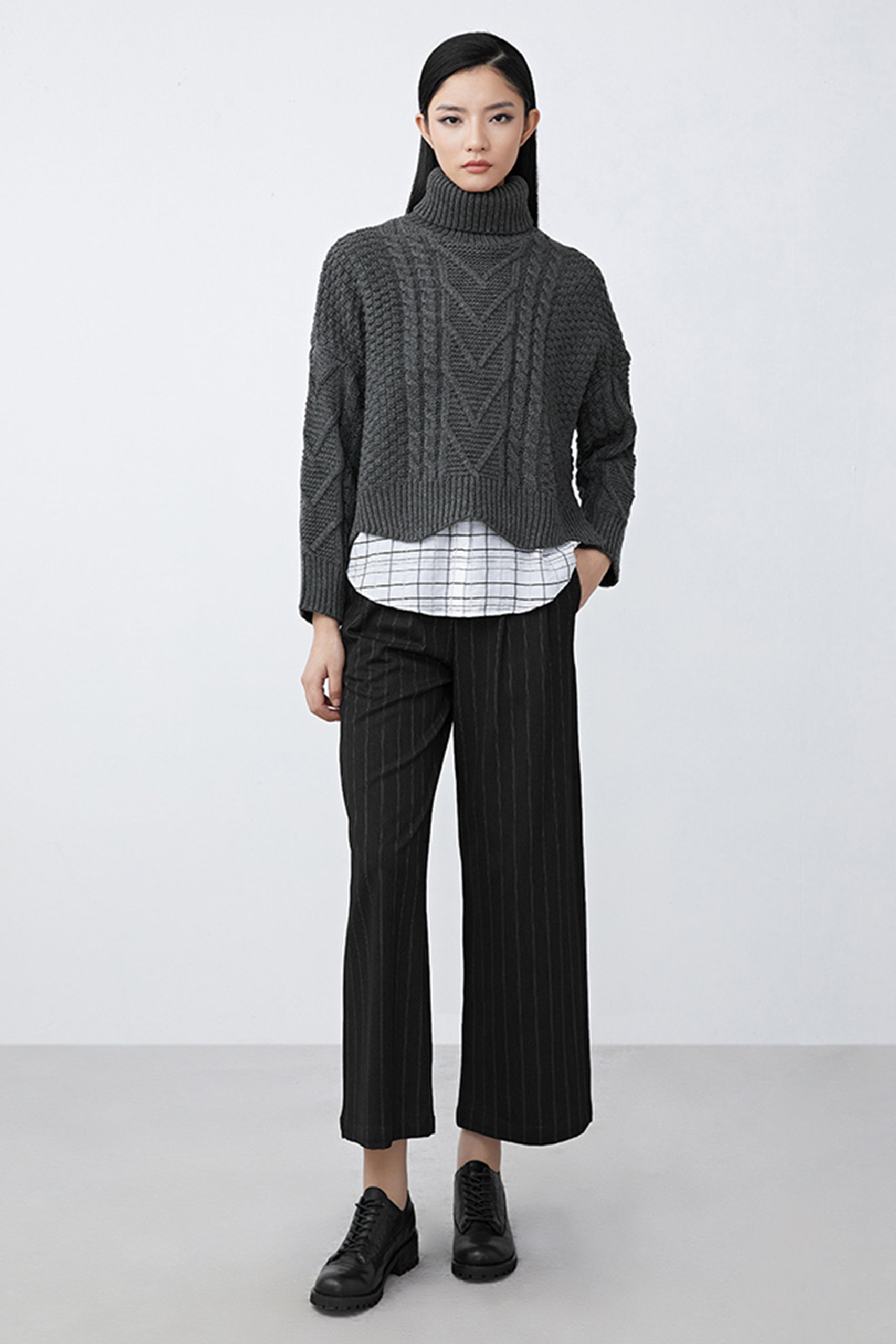 S·DEER Women&#39;s Turtleneck Crochet Check Stitching Irregular Knitted Sweater - S·DEER